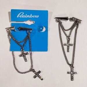 Silver-tone Layered Chain Sparkling Crosses Drop Earrings 3.5-in Women's Jewelry